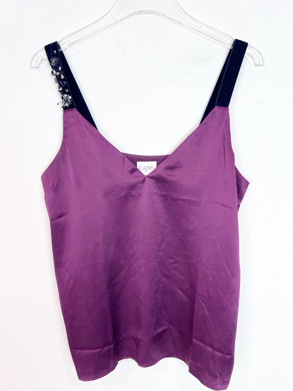 CAMI NYC PURPLE SILKY CAMI TOP VELVET STRAPS BEADING RHINESTONES SZ MEDIUM